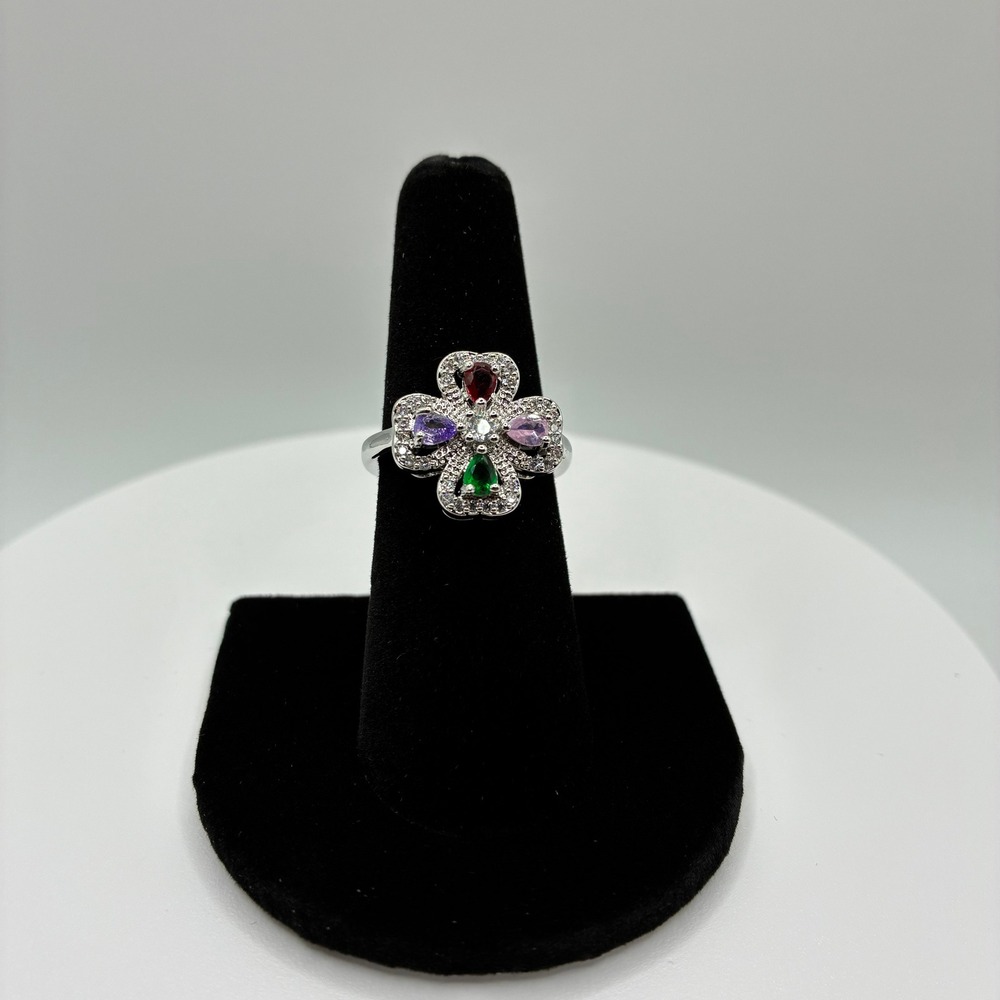Women's Size 7 Ring Silver Multi Color Clover Flower Cluster Cocktail